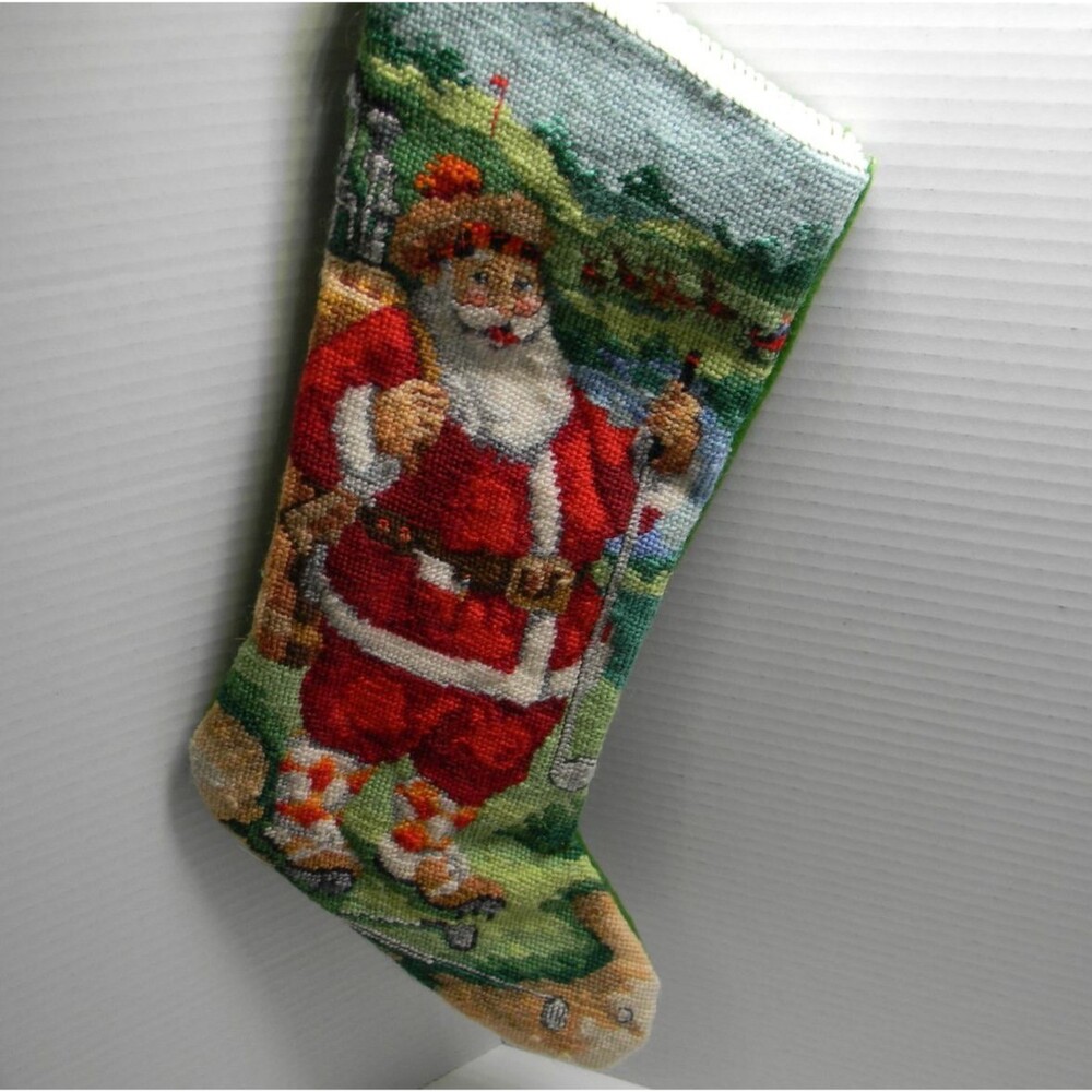 Handmade Golfing Santa Christmas Stocking EUC